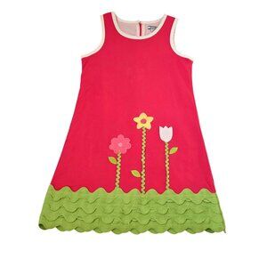 Hartstrings Girls Floral A-Line Dress Size 7 Red & Green Cotton Blend 3969